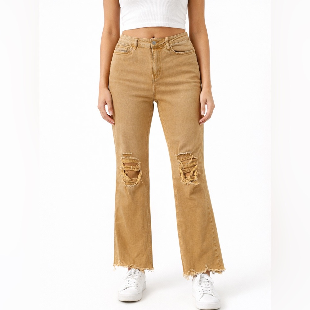 Vervet Tan Distressed Straight Leg Raw Hem Jeans Women’s Size 29